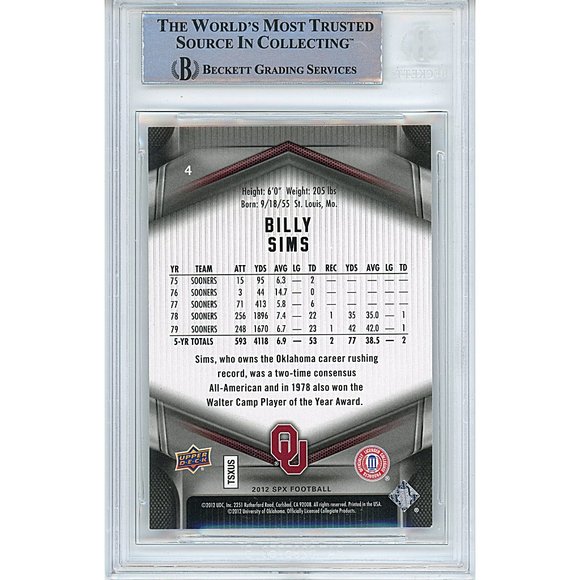 Billy Sims Signed 2012 UD SpX Football Card OU Sooners Beckett Slabbed Autograph - Picture 2 of 4